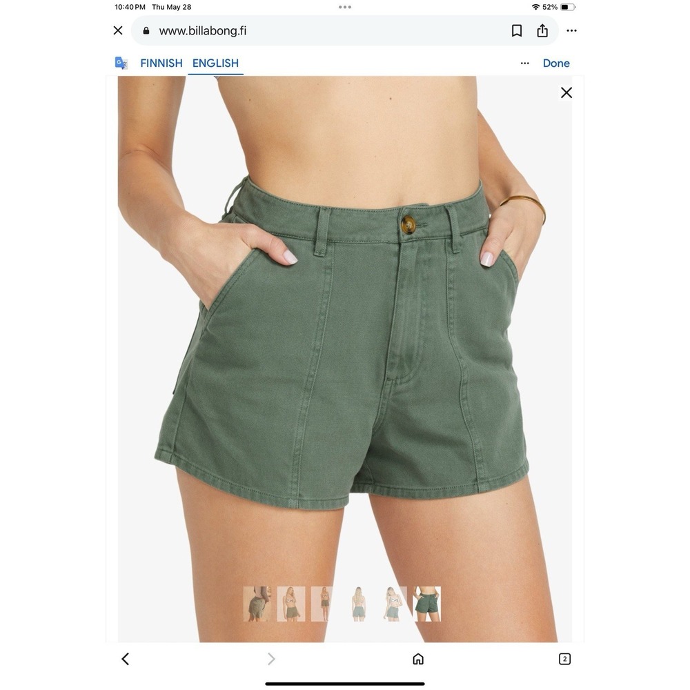 Billabong Sun Days High Rise Shorts Utility Chino Women's Olive Green Cotton 26